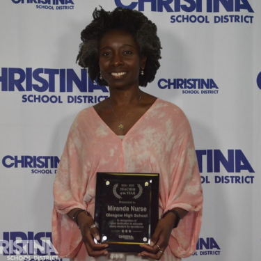 Photo of Miranda Nurse Teacher of the Year Glasgow HS with award